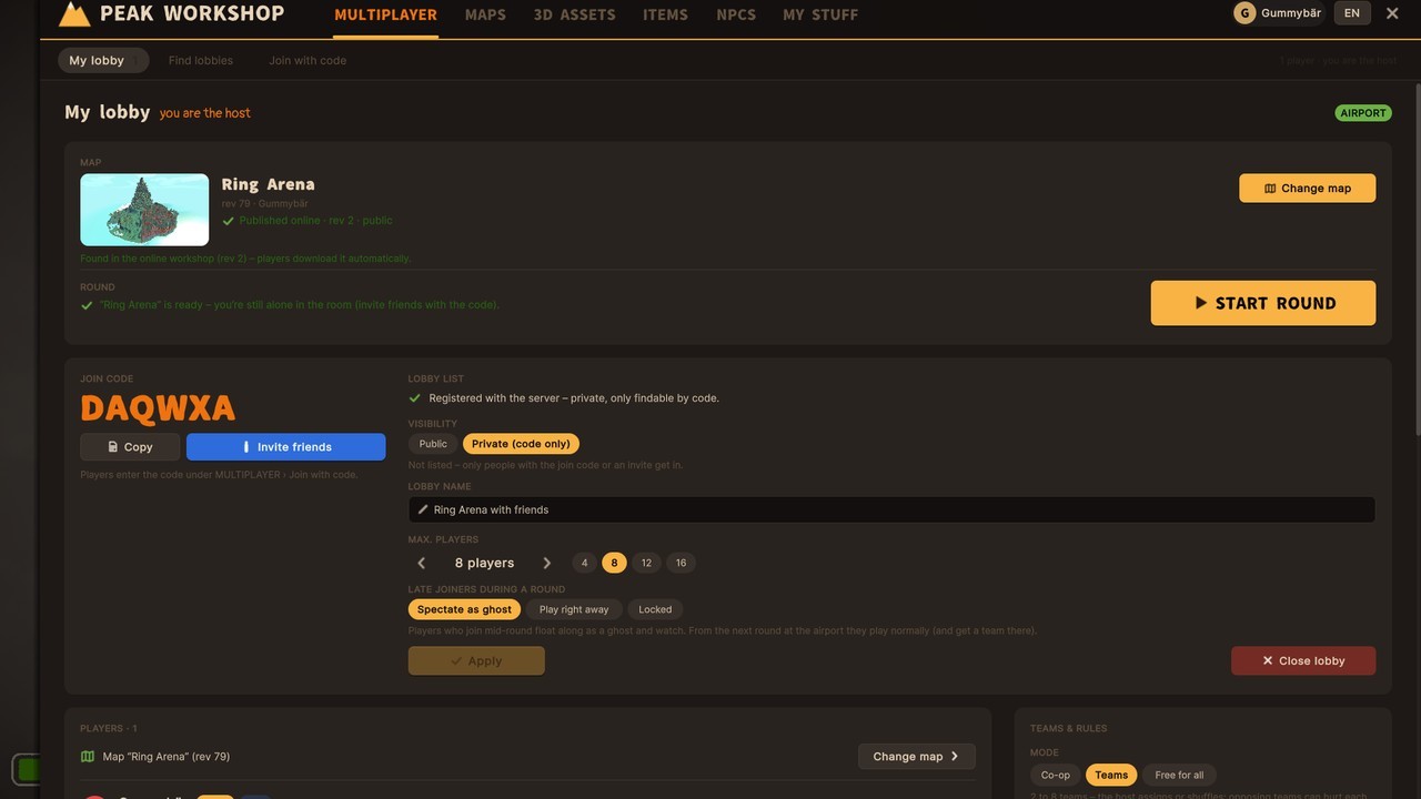 Hosting a lobby with join code and Start Round button