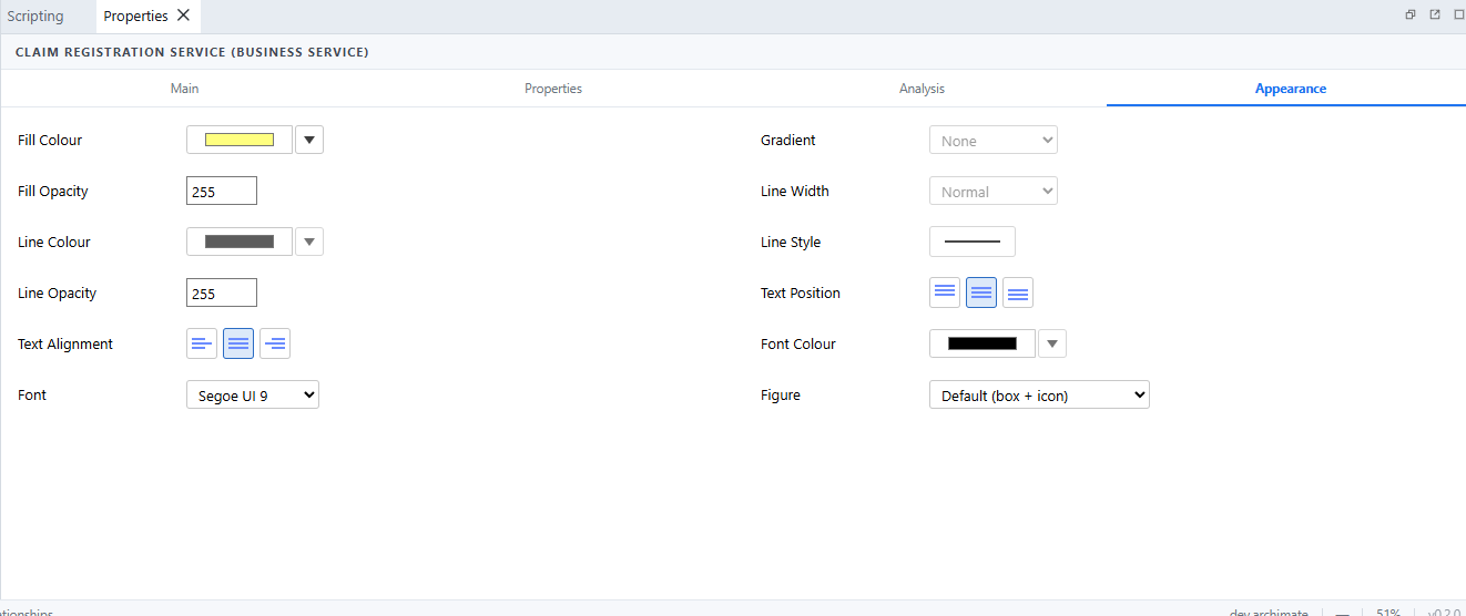 The Properties panel Appearance tab: fill and line colour, opacity, text alignment, and figure