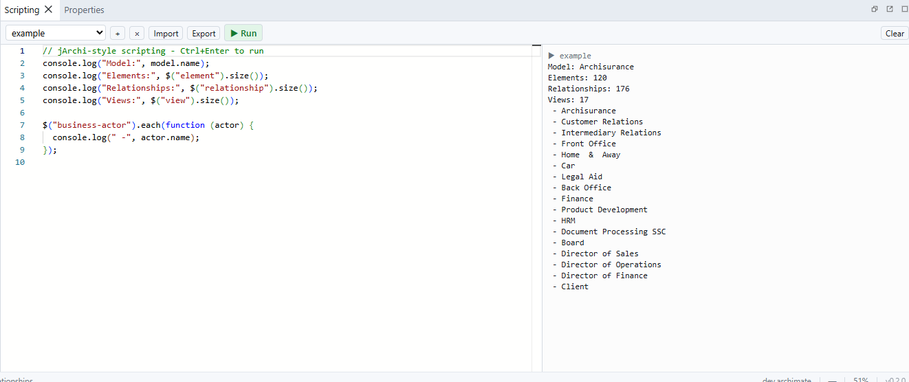 The Scripting panel: Monaco editor with a jArchi-style script and console output
