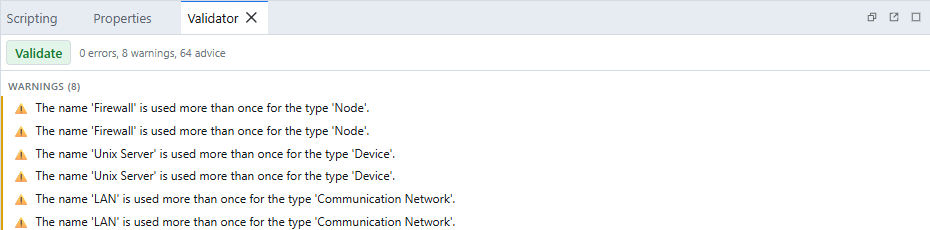 The Validator panel listing issues grouped by severity after checking the Archisurance model