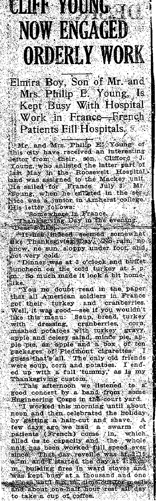 Image of part one of a 1917 news clip about 
        Clifford J. Young in France