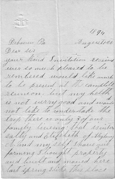 Image of p1 of a letter from John Campbell,  
    Aug.1, 1894