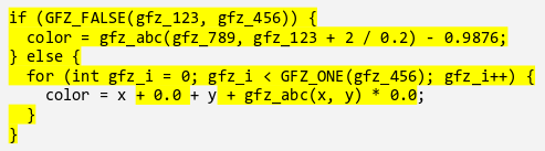 Source code, the majority of which is highlighted in yellow, but parts of one statement are not highlighted.