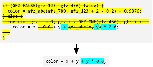 The same source code, the majority of which is highlighted in yellow and striked out, but parts of one statement remain.