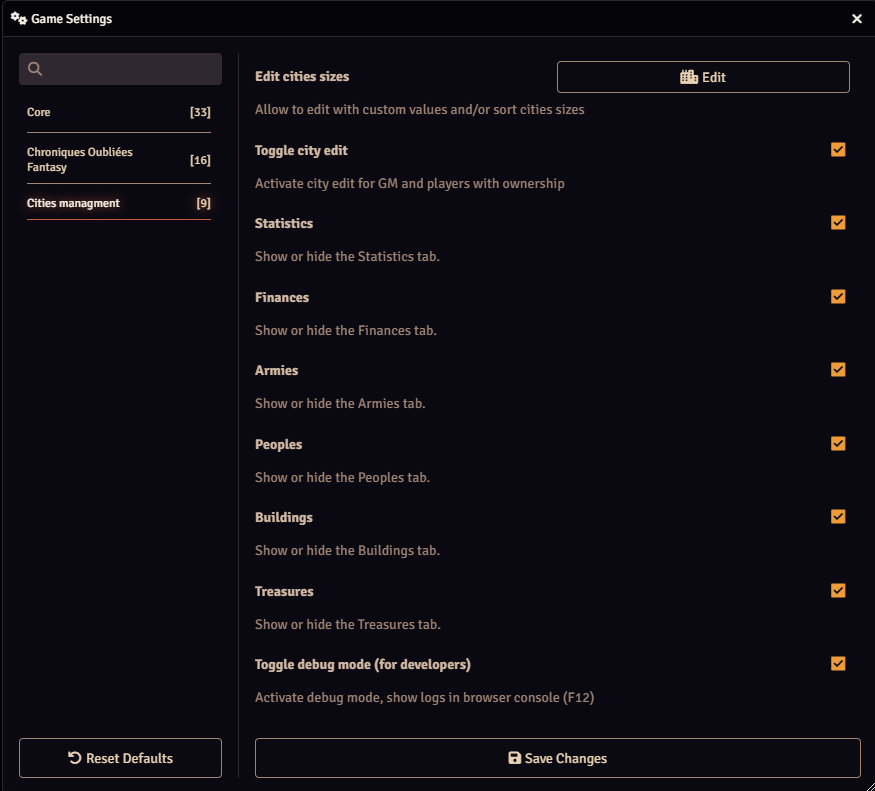 General settings panel