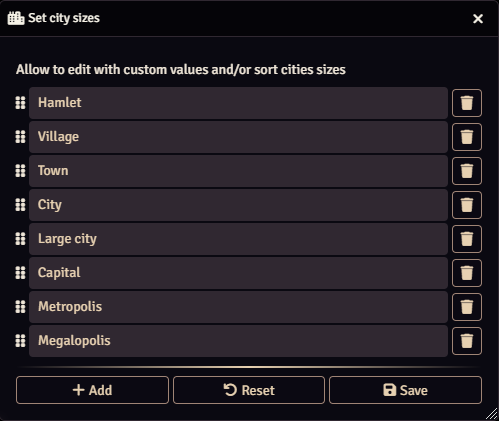 Cities sizes settings panel