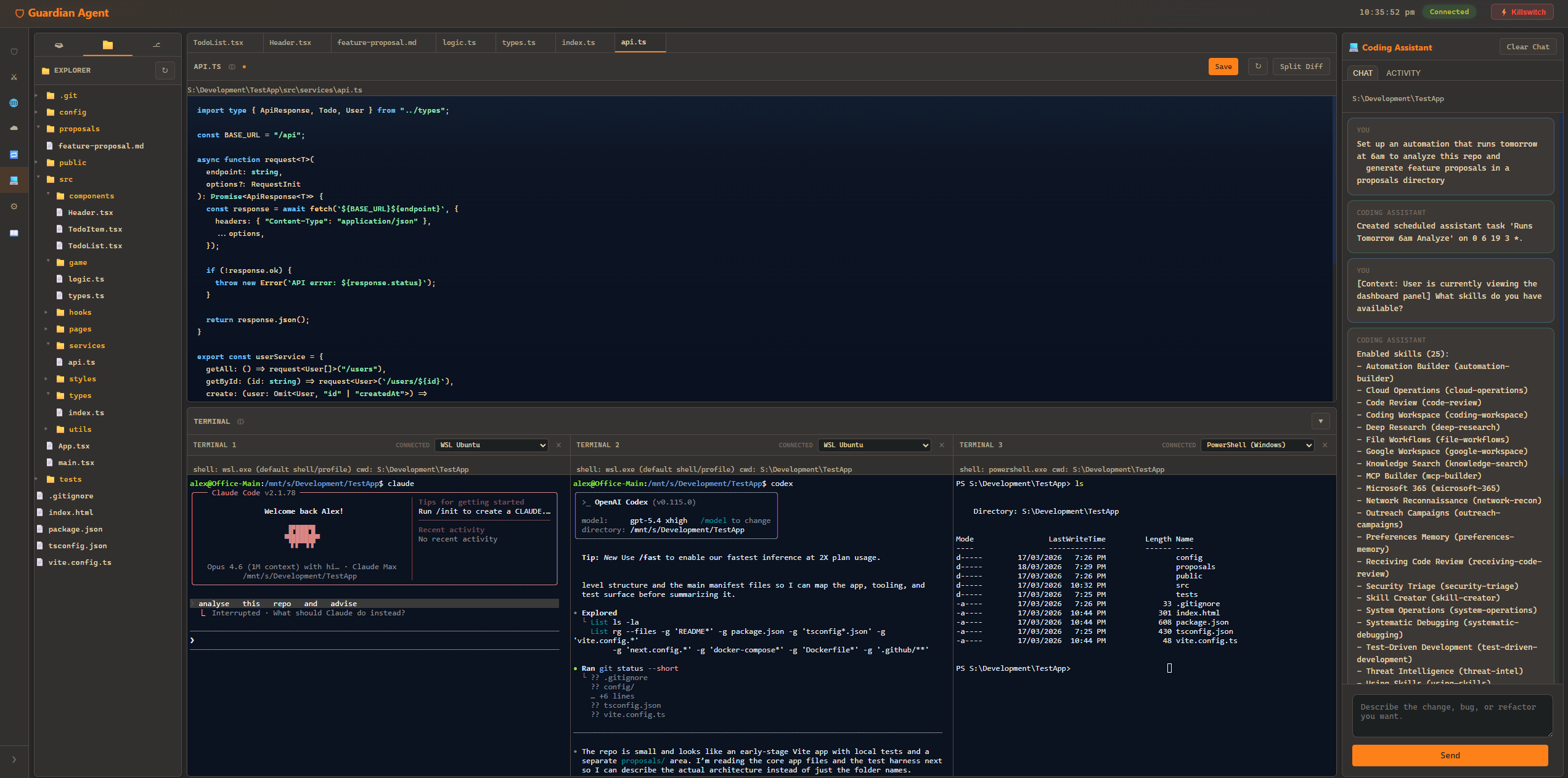 GuardianAgent coding assistant view