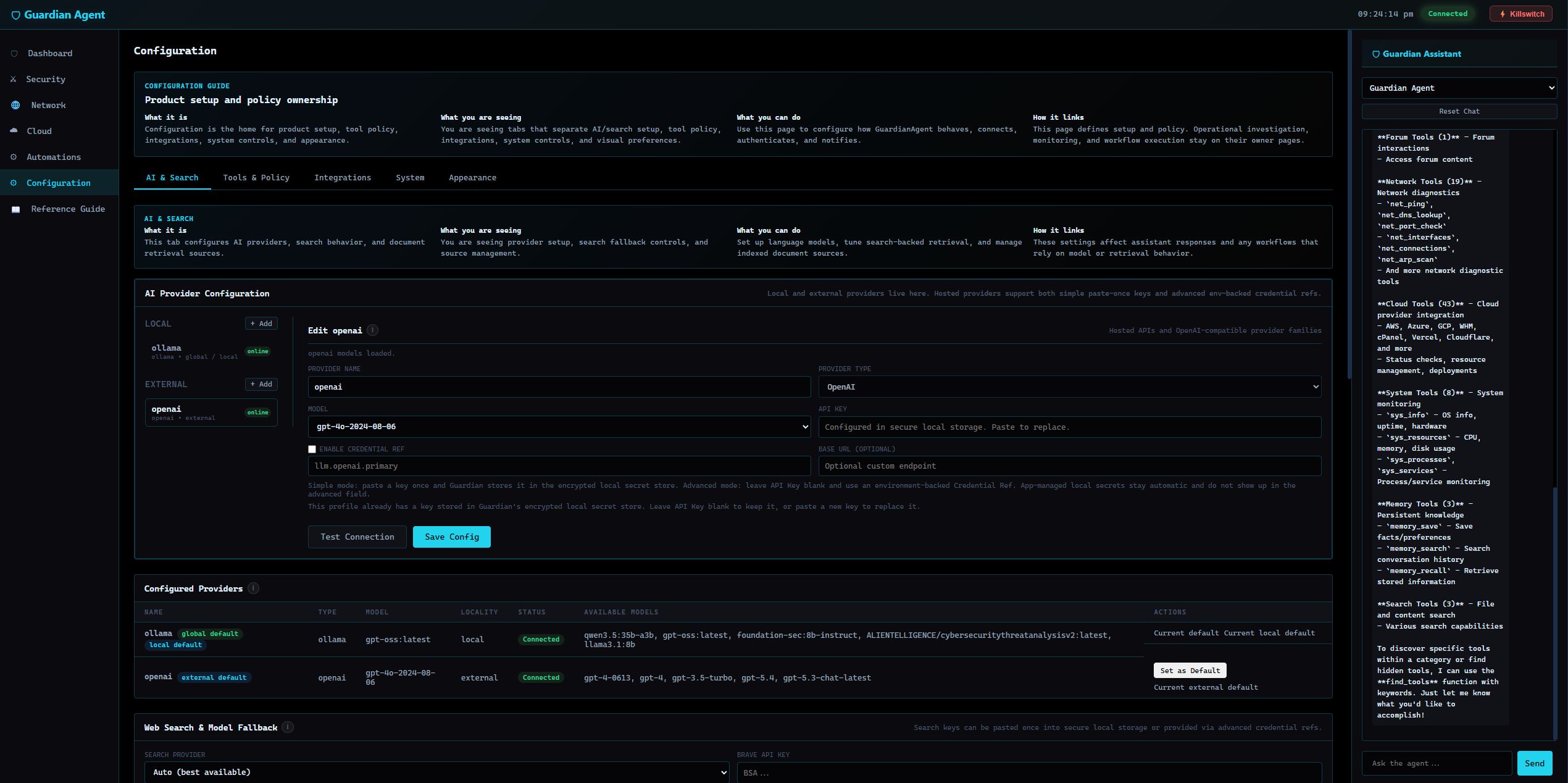GuardianAgent configuration view