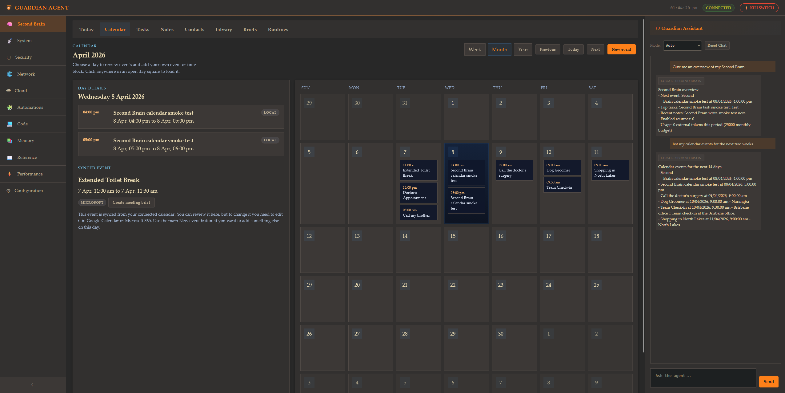 GuardianAgent Second Brain Calendar view