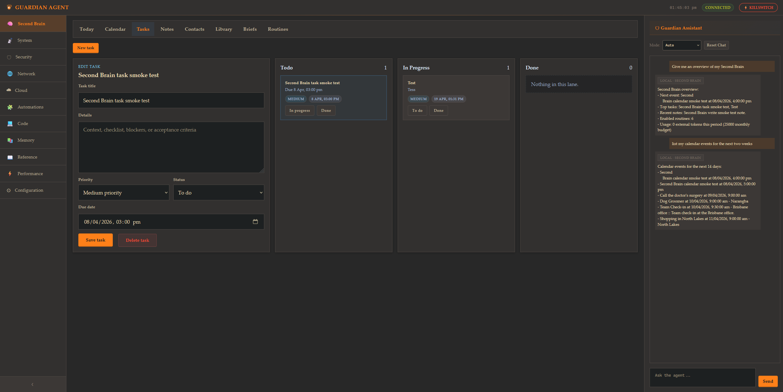 GuardianAgent Second Brain Tasks view