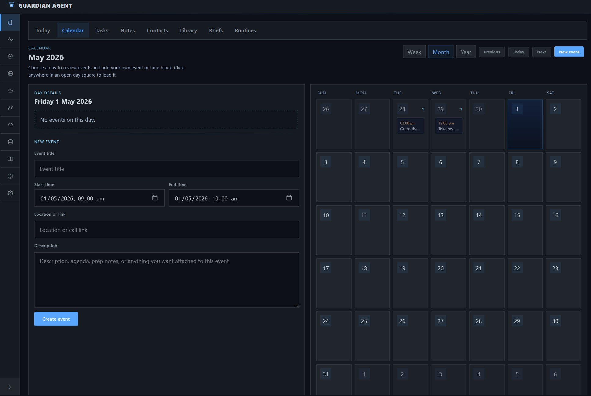 GuardianAgent Second Brain Calendar view
