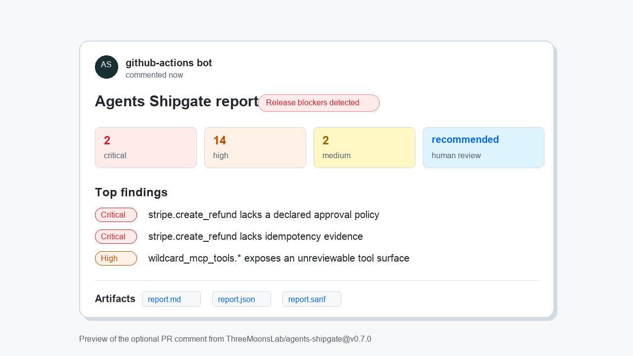 Preview of the optional Agents Shipgate PR comment showing merge verdict, capability changes, required next action, and report artifacts.