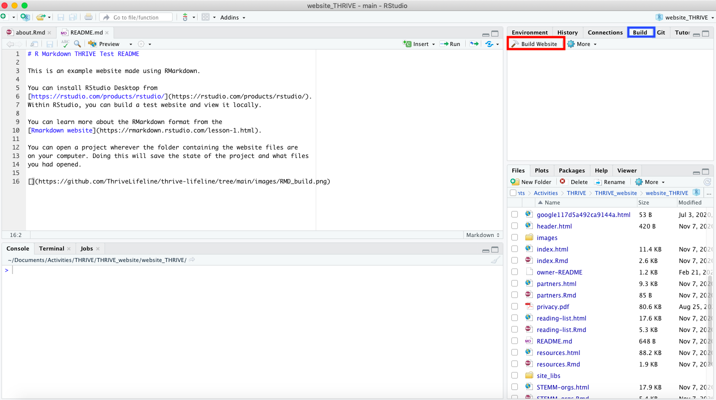 RStudio window. The Build tab is boxed in blue and Build Website button is boxed in red.