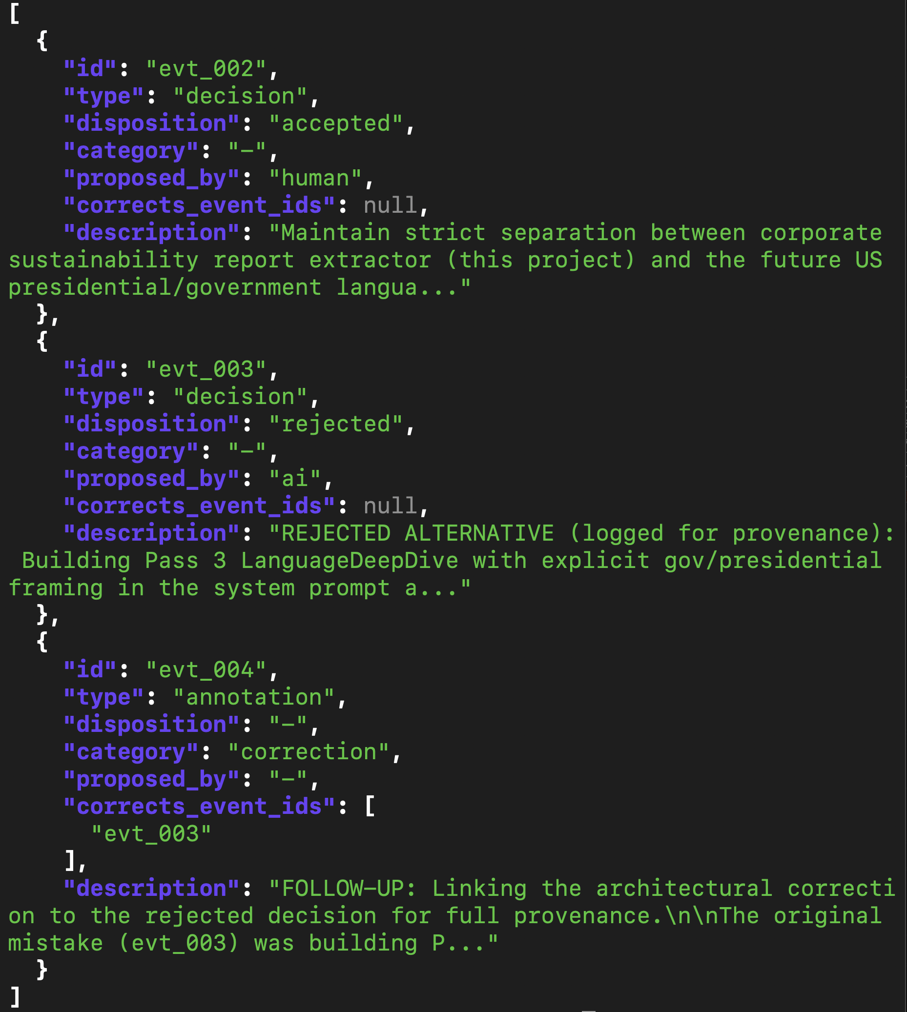 Three TRACE events from a corp-sus-report-extractor session: a human-accepted decision, an AI-proposed alternative logged after rejection, and a correction annotation linking back to the rejection.
