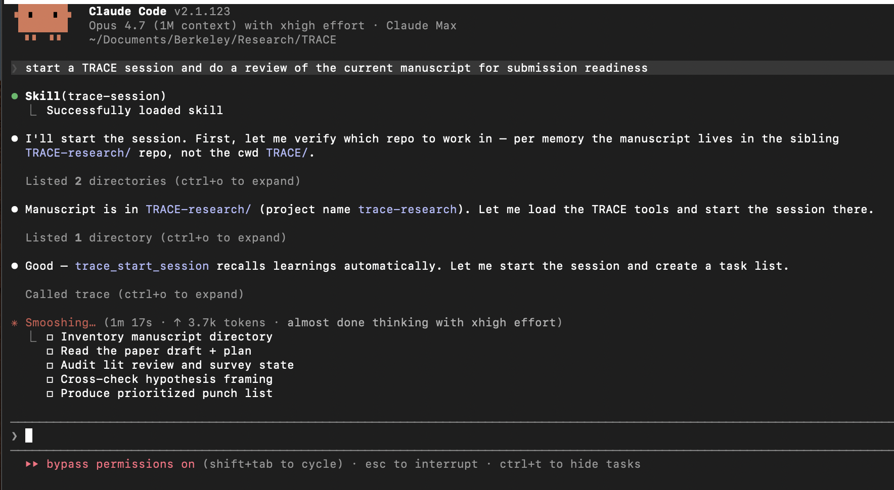 Claude Code: a single prompt — 'start a TRACE session and review the current manuscript for submission readiness' — produces auto-recalled learnings and a five-item task plan.
