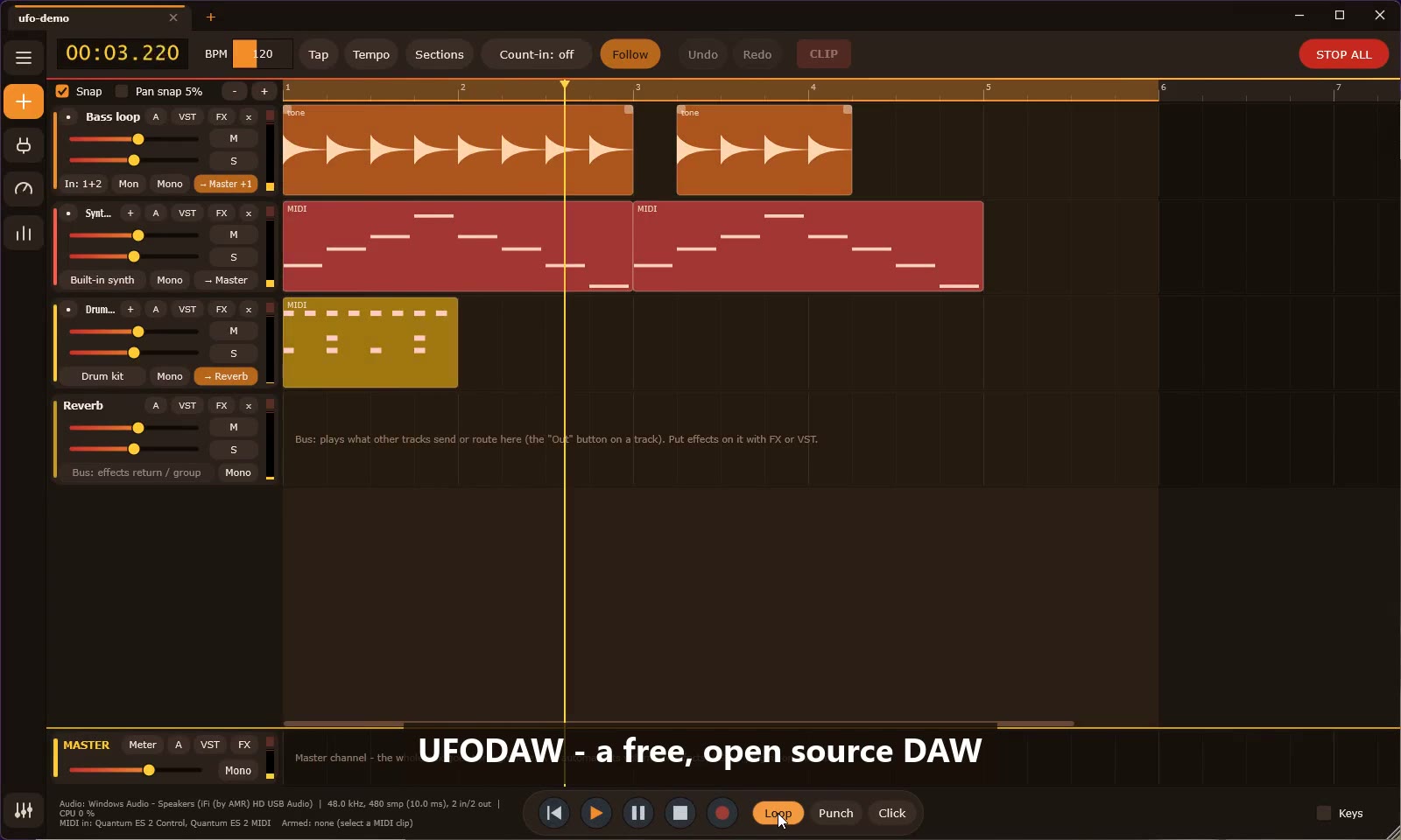 UFODAW arrangement view with audio, MIDI and drum tracks