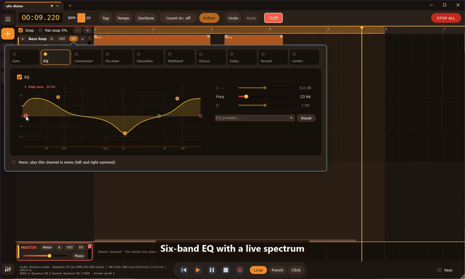 Six-band EQ with a live spectrum
