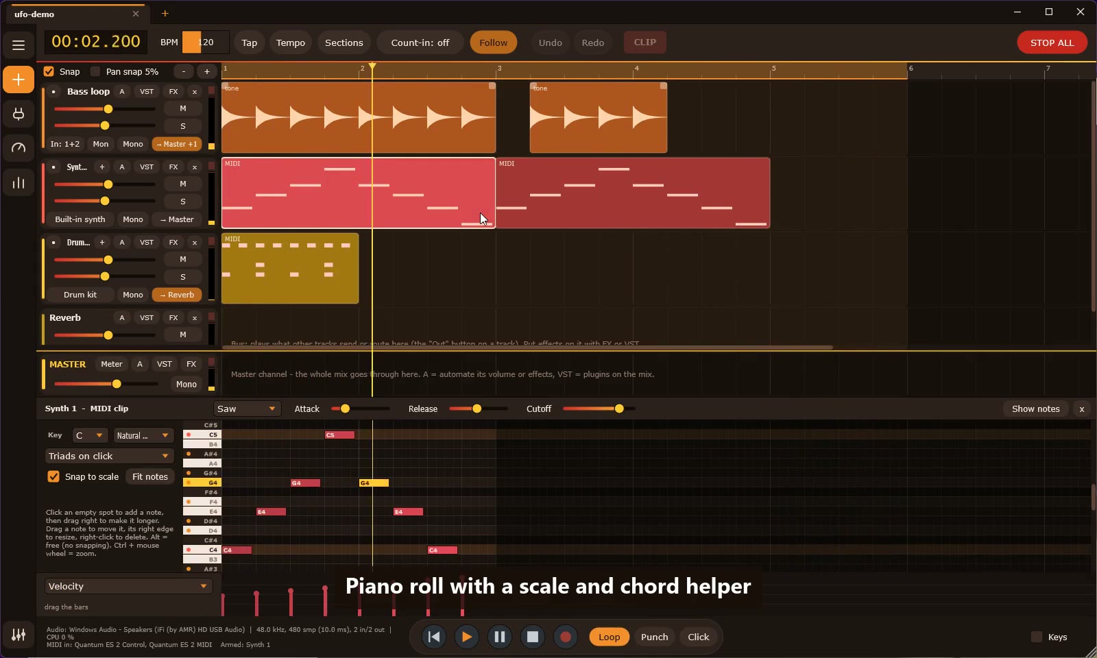 Piano roll with scale and chord helper