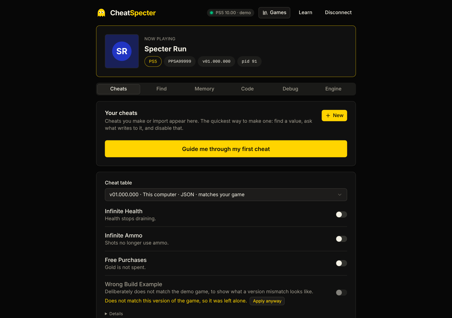 The Cheats tab