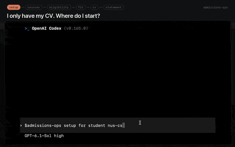 Demo: from a CV alone, setup builds a checked workspace and prints the next prompt; then one prompt, and minutes of real agent run time later, a sourced report, an eligibility matrix whose unknowns become verification tasks, a tailored admissions resume, and a statement draft that stays Review Required