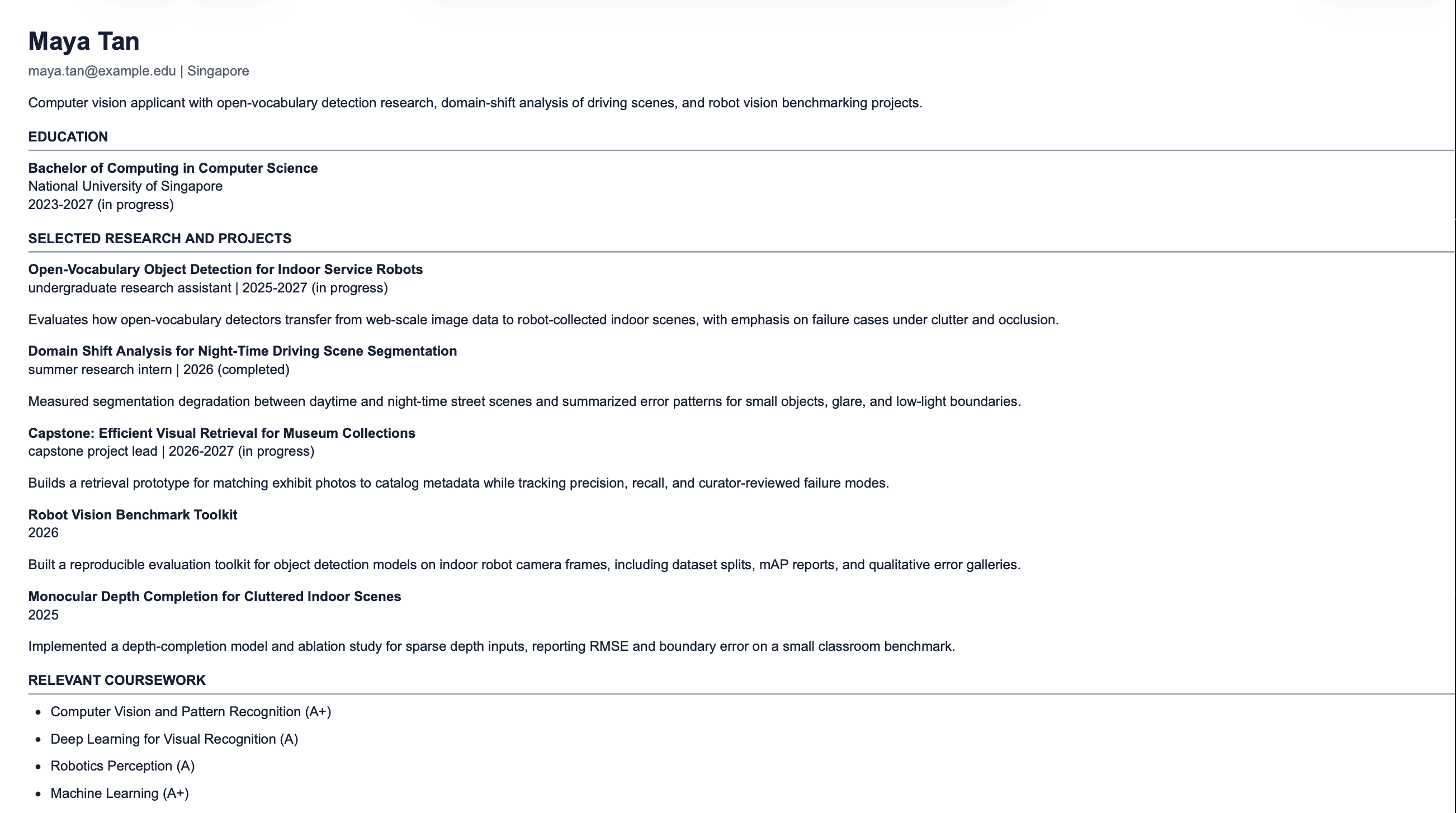 Rendered admissions resume for the synthetic demo applicant Maya Tan