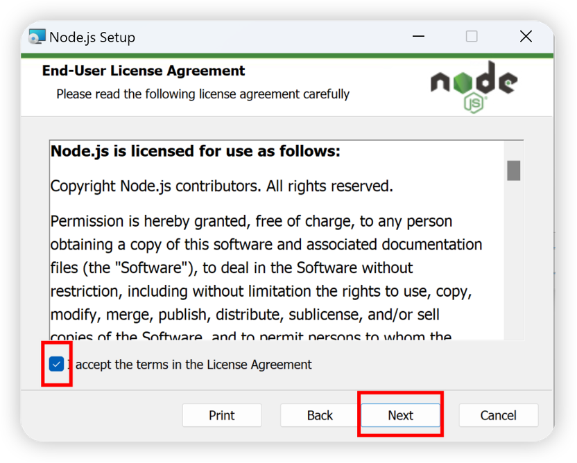 图1-3 Node.js安装程序之同意许可协议