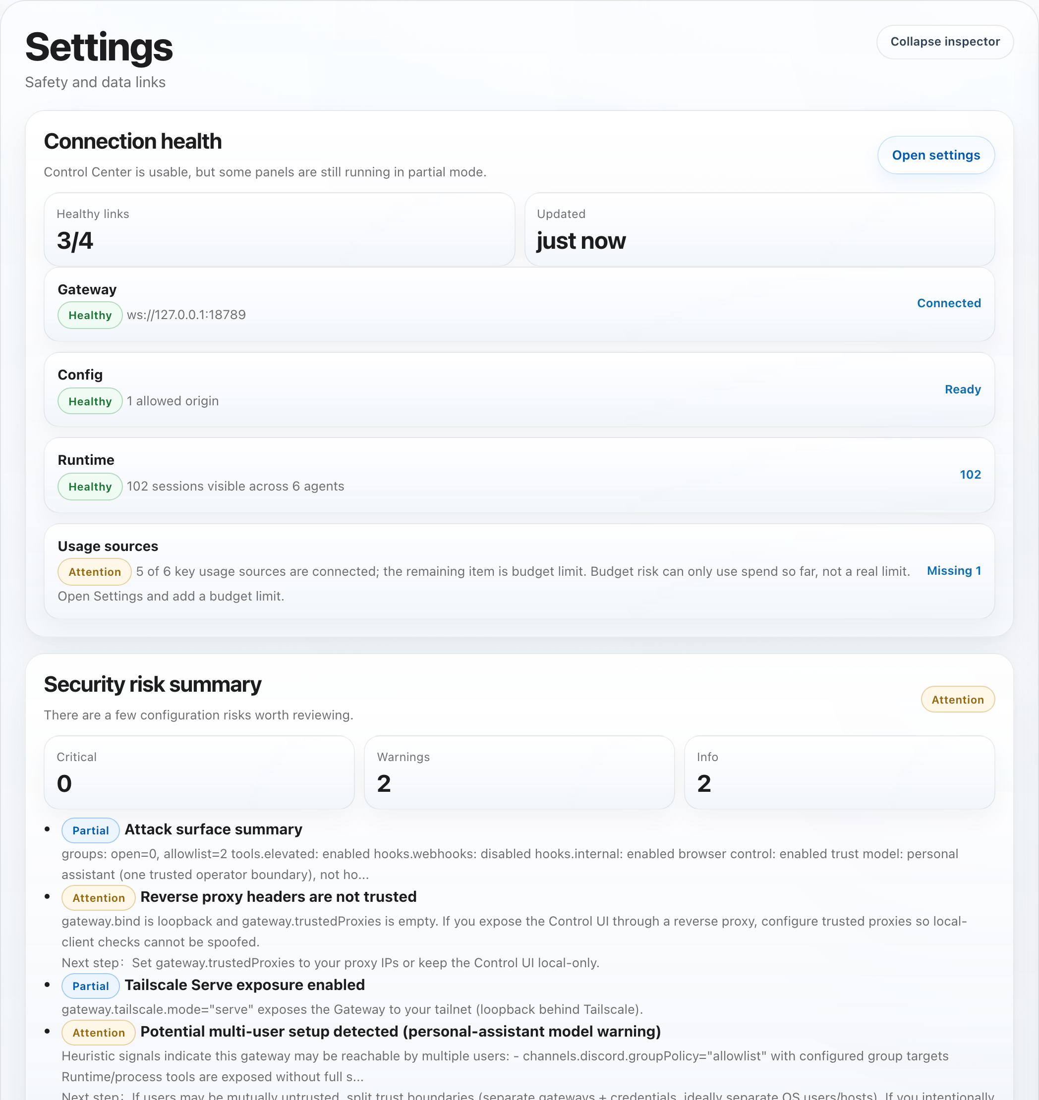 OpenClaw Control Center security and update status screenshot