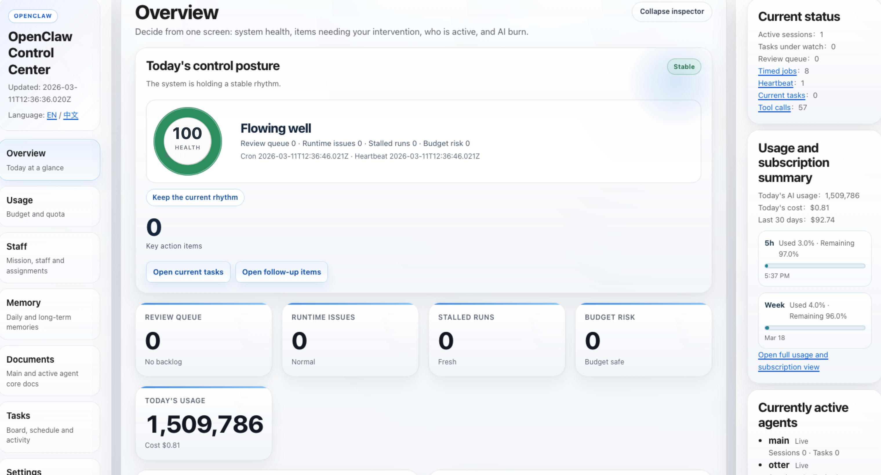 OpenClaw Control Center overview hero screenshot