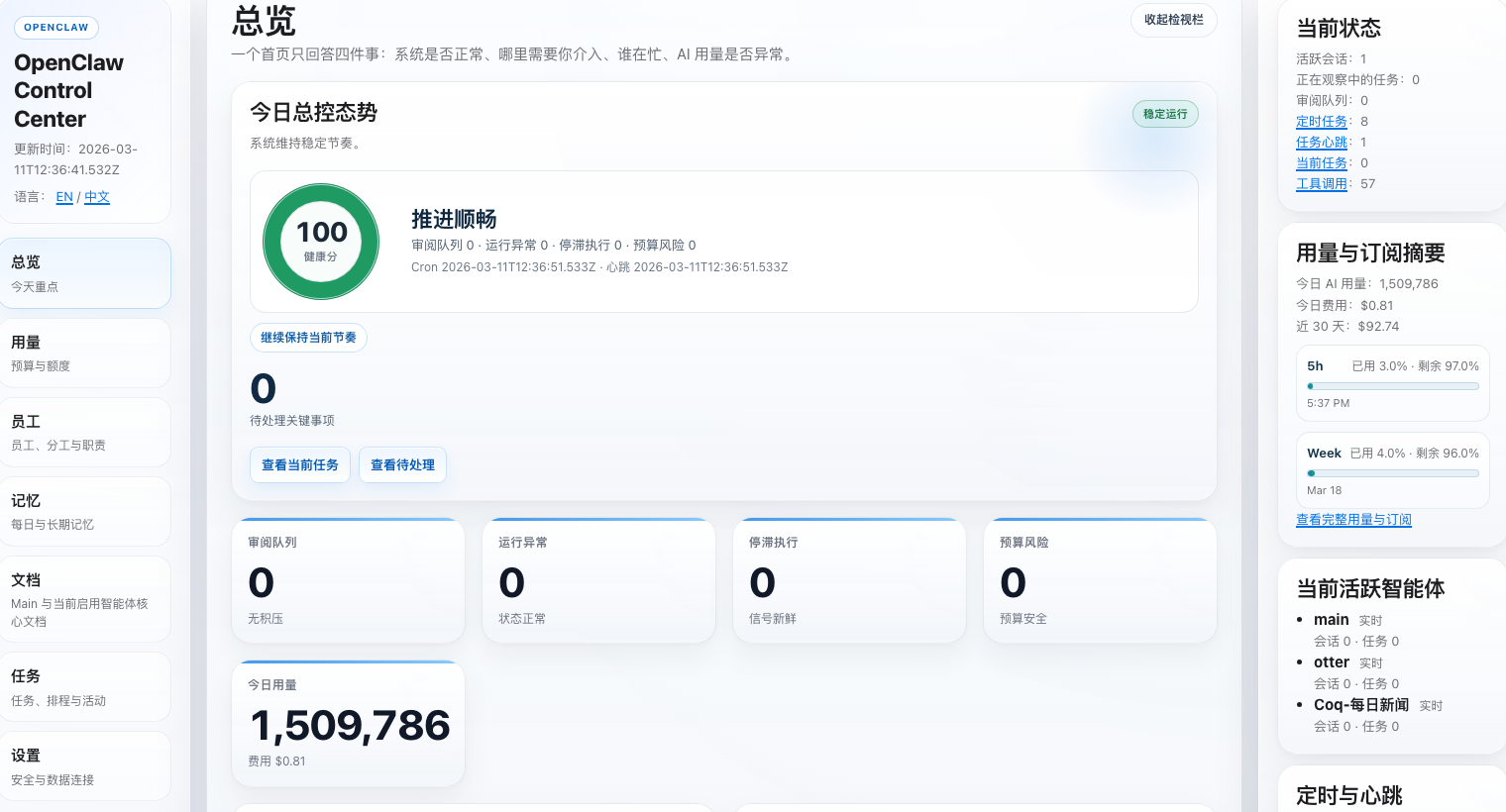OpenClaw Control Center 总览横幅截图