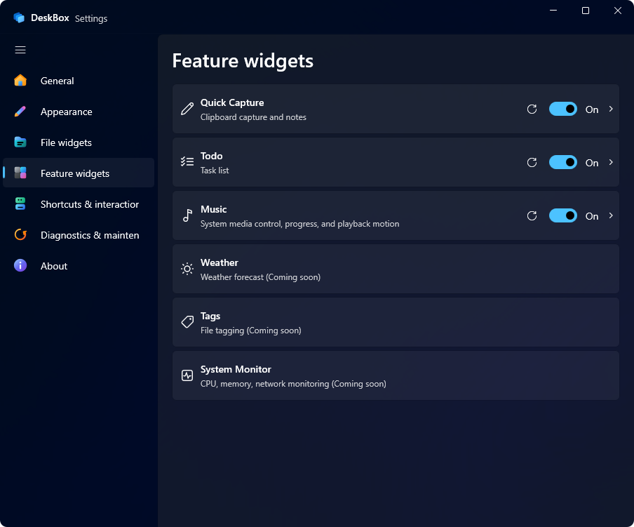 DeskBox feature widget settings