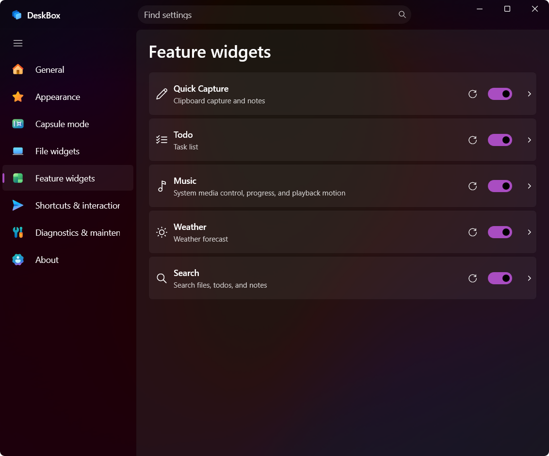 DeskBox 1.3.4 Feature widget settings in English