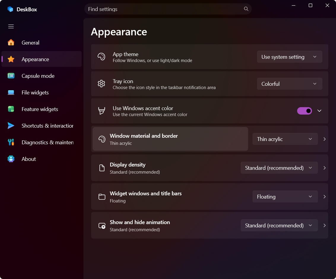 DeskBox 1.3.4 Appearance settings in English
