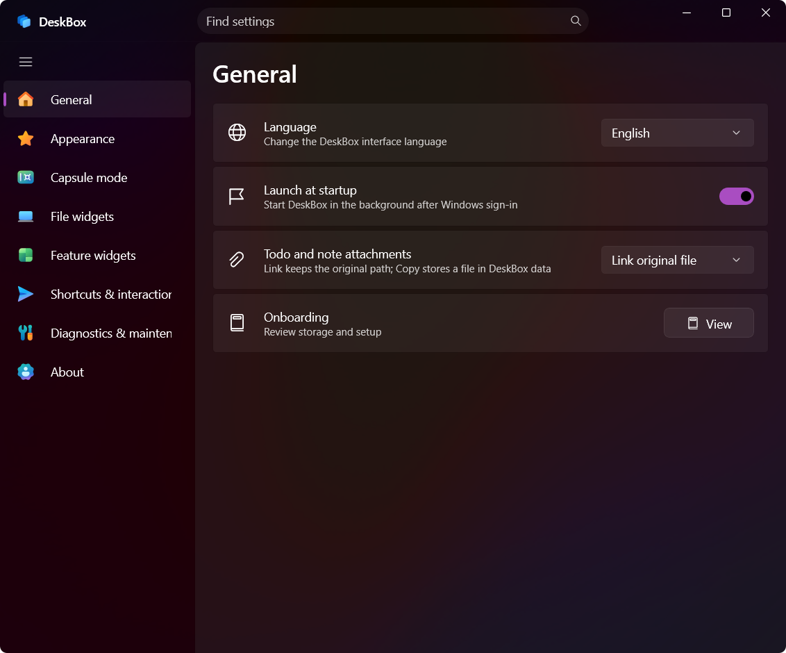DeskBox 1.3.4 General settings in English