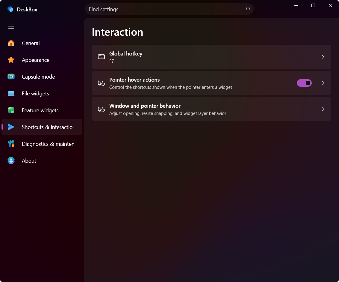 DeskBox 1.3.4 Shortcuts and interaction settings in English