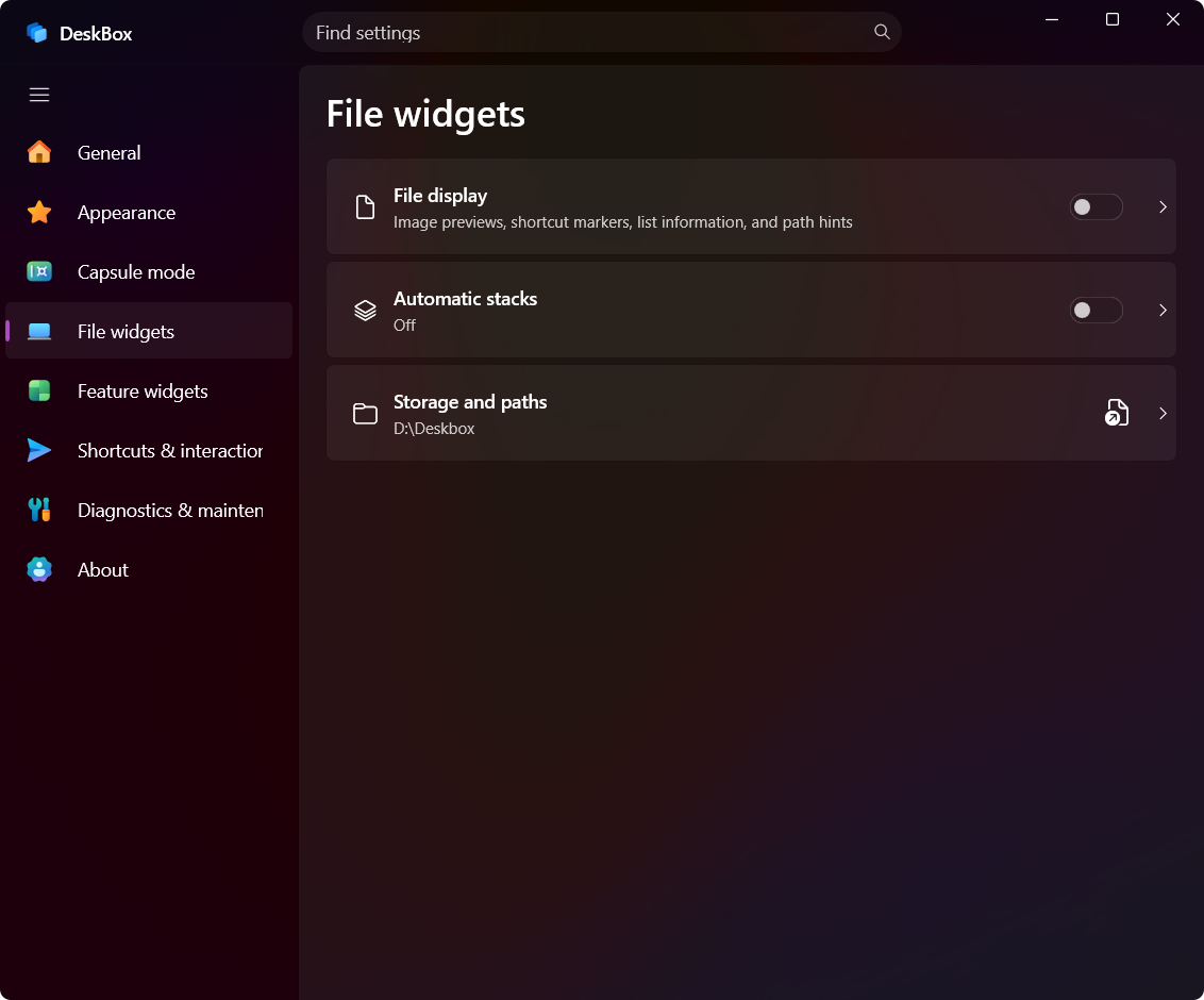 DeskBox 1.3.4 File widget settings in English