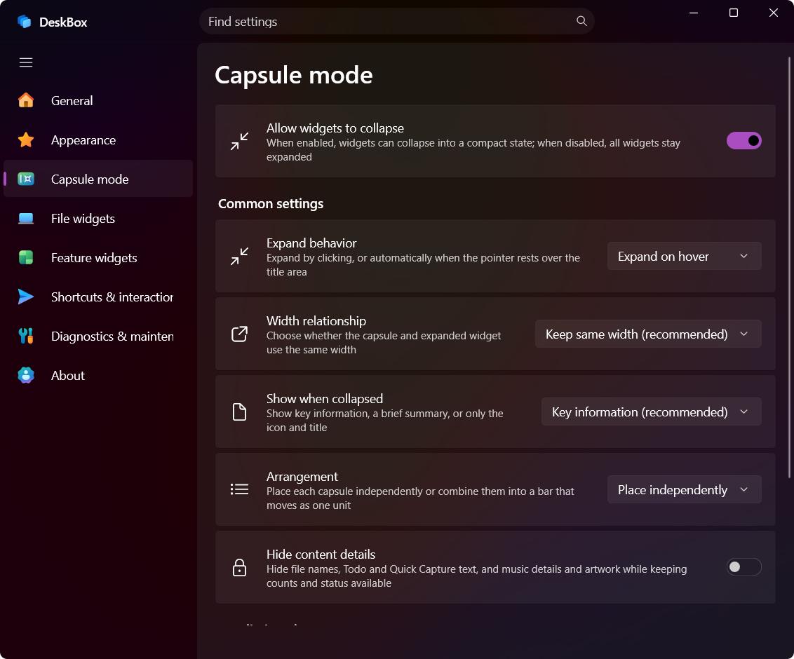 DeskBox 1.3.4 Capsule mode settings in English