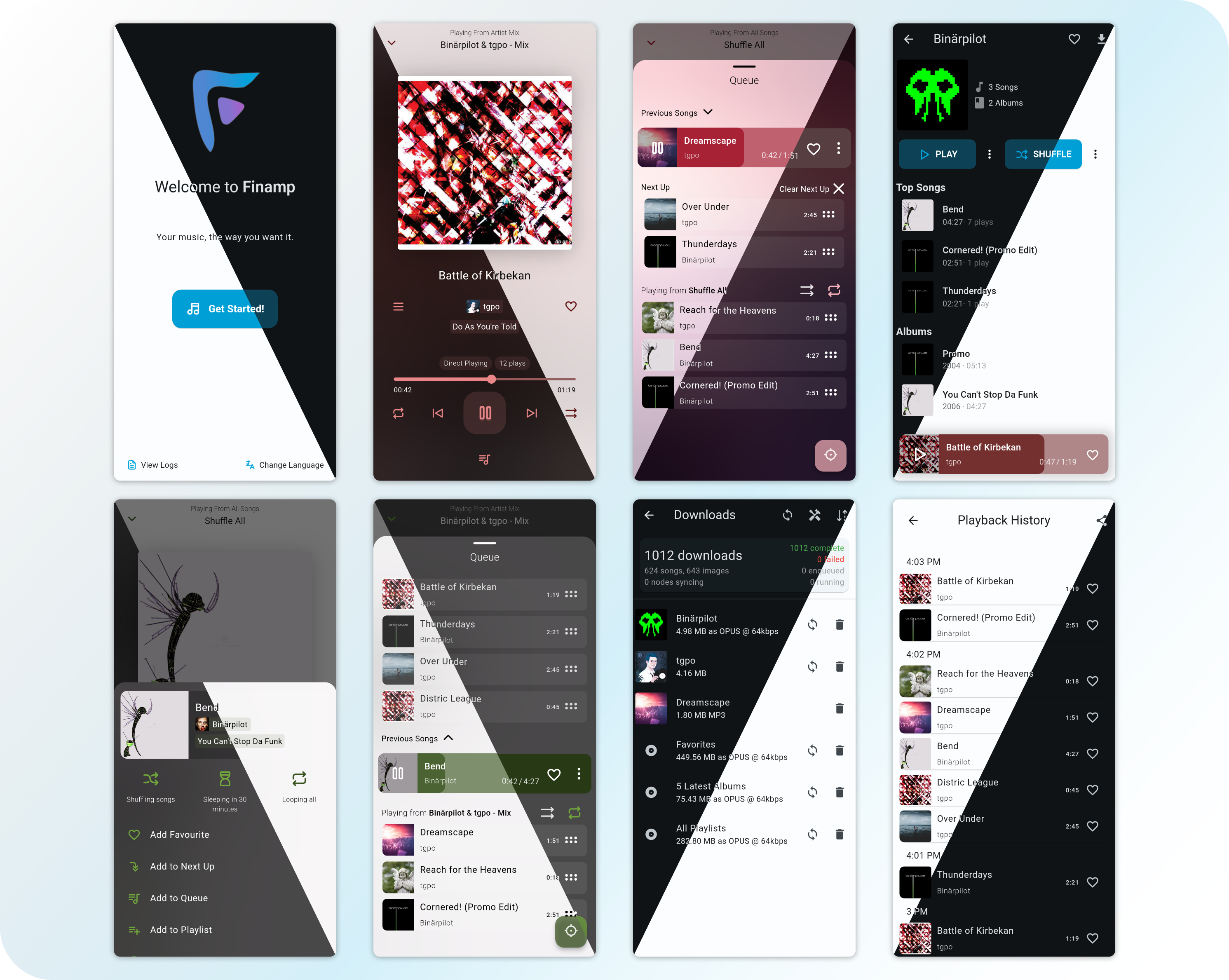 Several screenshots of the app showing off different screens and features in both light and dark mode