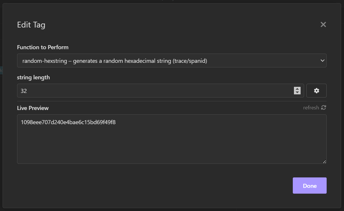 Screenshot of the edit tag functionality, with the random-hexstring function selected set to a 32 character id length, and a preview of the generated string.