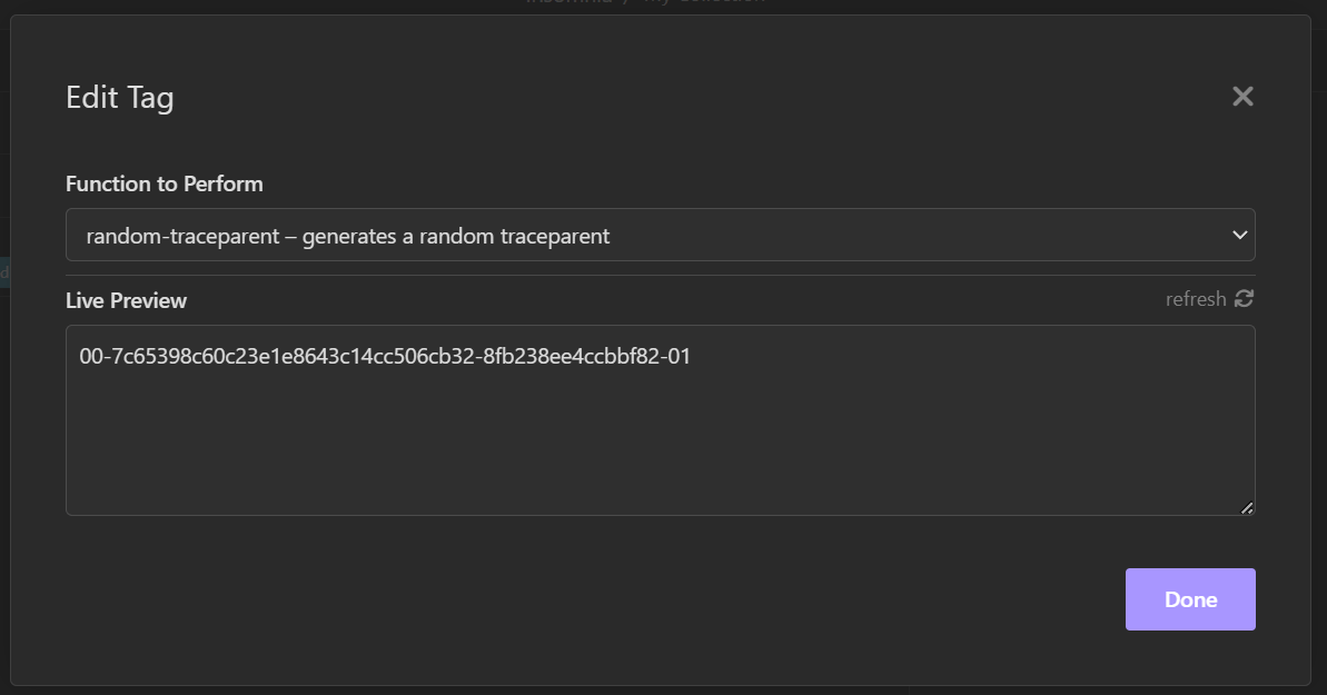 Screenshot of the edit tag functionality, with the random-traceparent function selected and a preview of the traceparent.