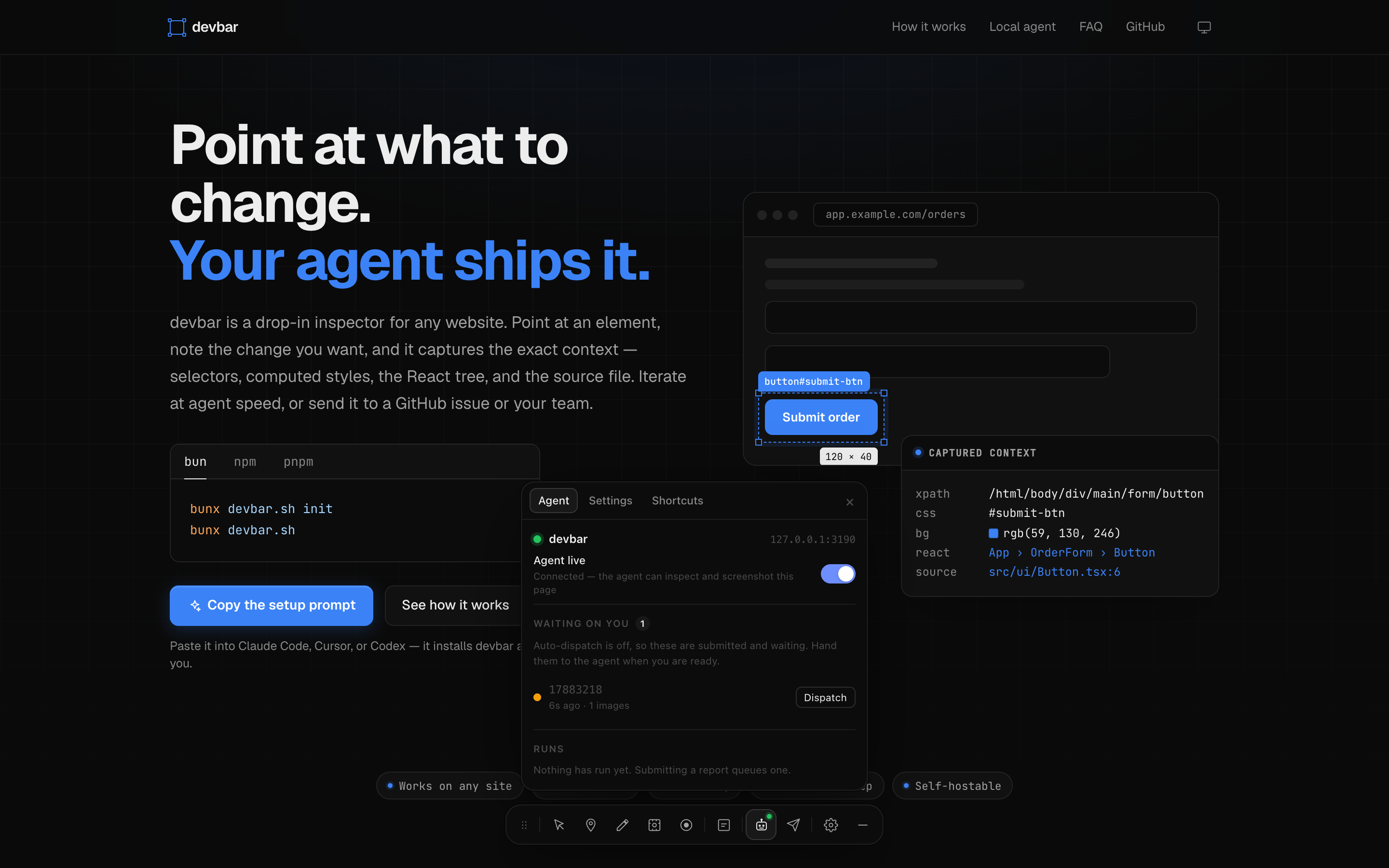 The Agent tab: the discovered server and the project claiming this page, the Agent live switch turned on, and a submitted report under Waiting on you with a Dispatch button