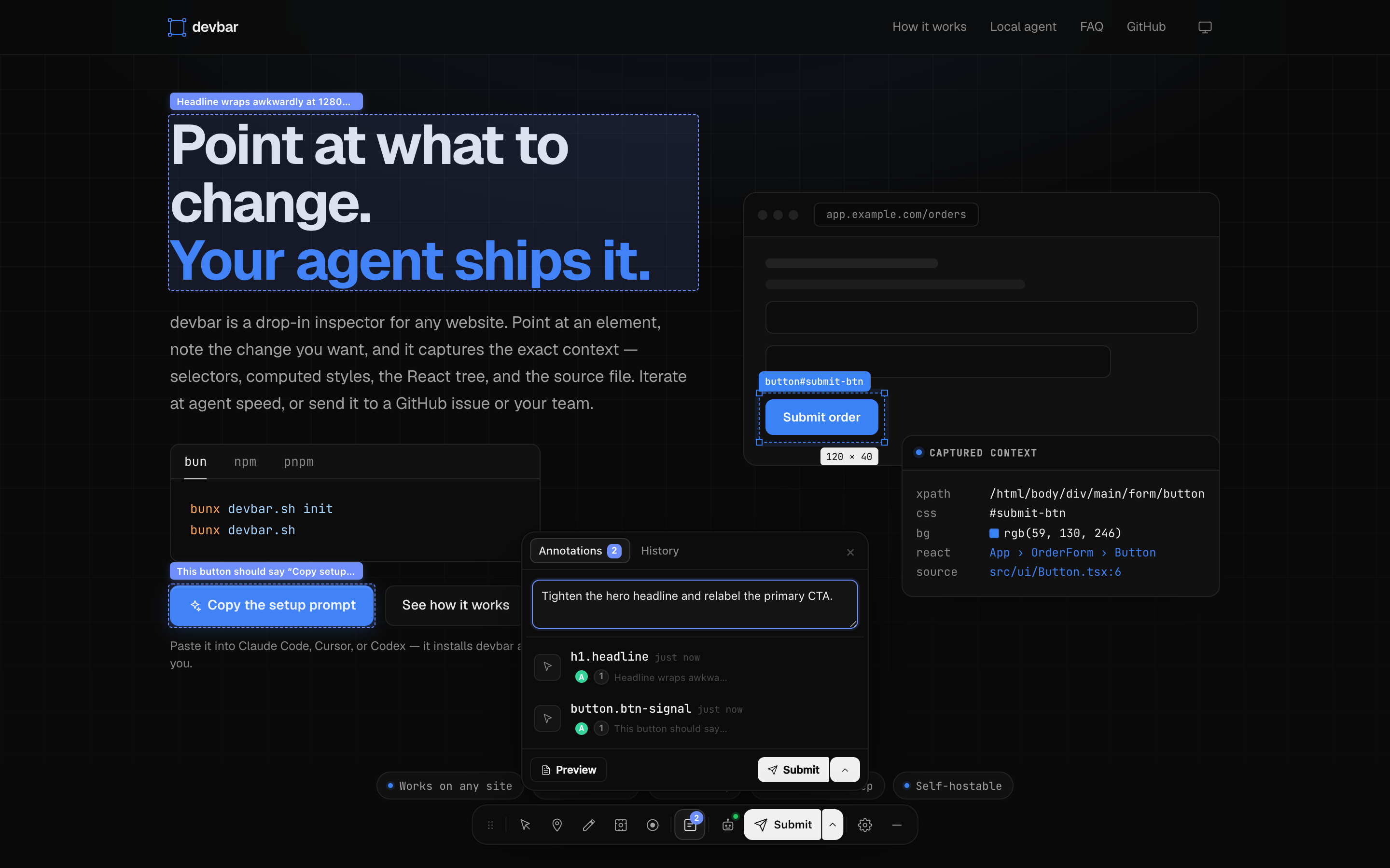 The Annotations panel with a task typed into the field at the top and two captured elements listed below it, each with its comment