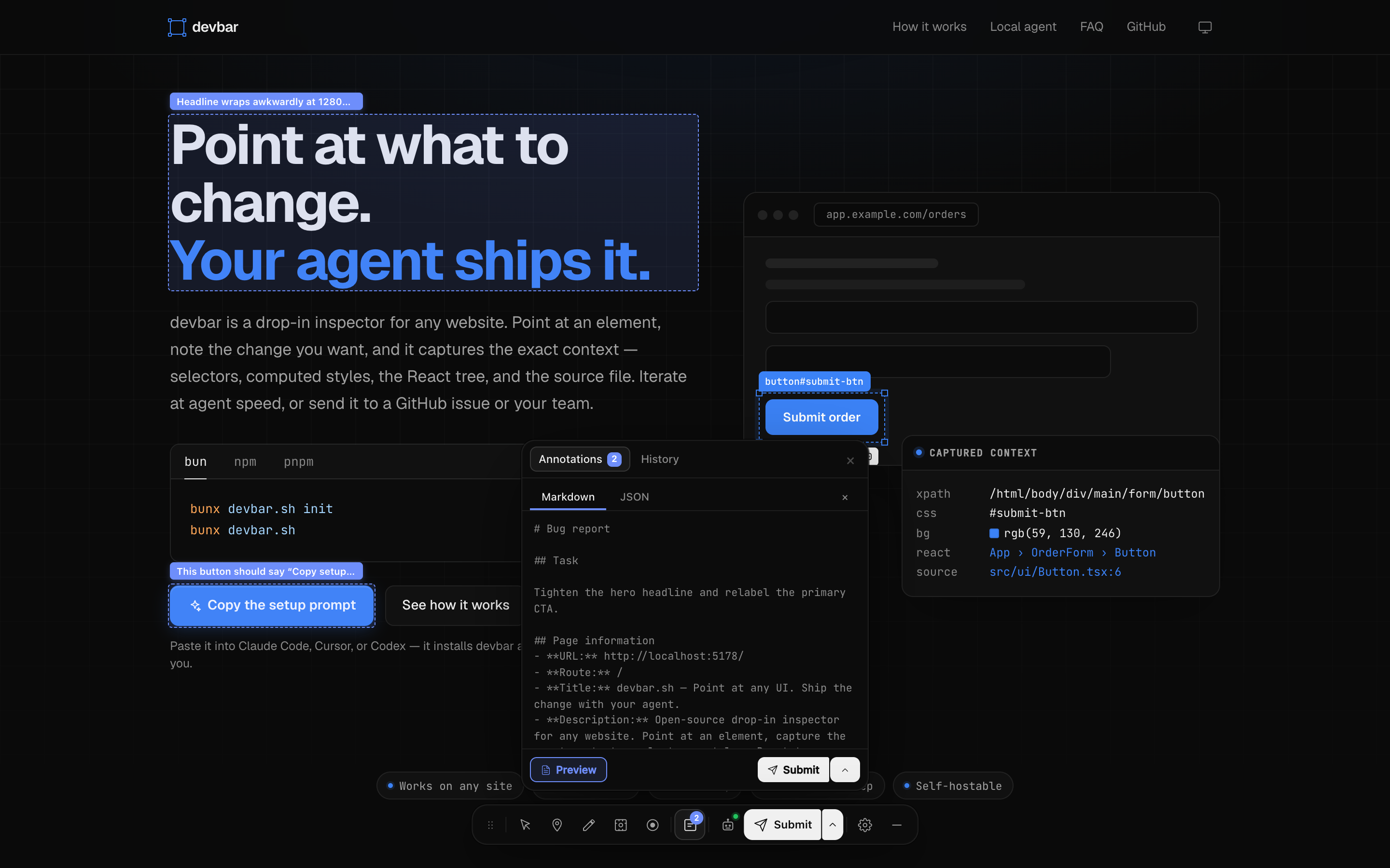 The report preview open over the page, showing the generated markdown prompt with its Task and Page information sections, and a JSON tab beside it