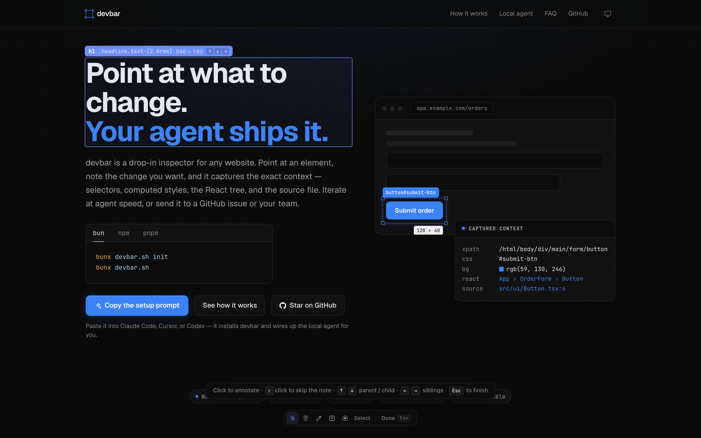 The Select tool over a page: the hovered element outlined, a badge showing its tag, class and pixel size, and the tool's minibar along the bottom