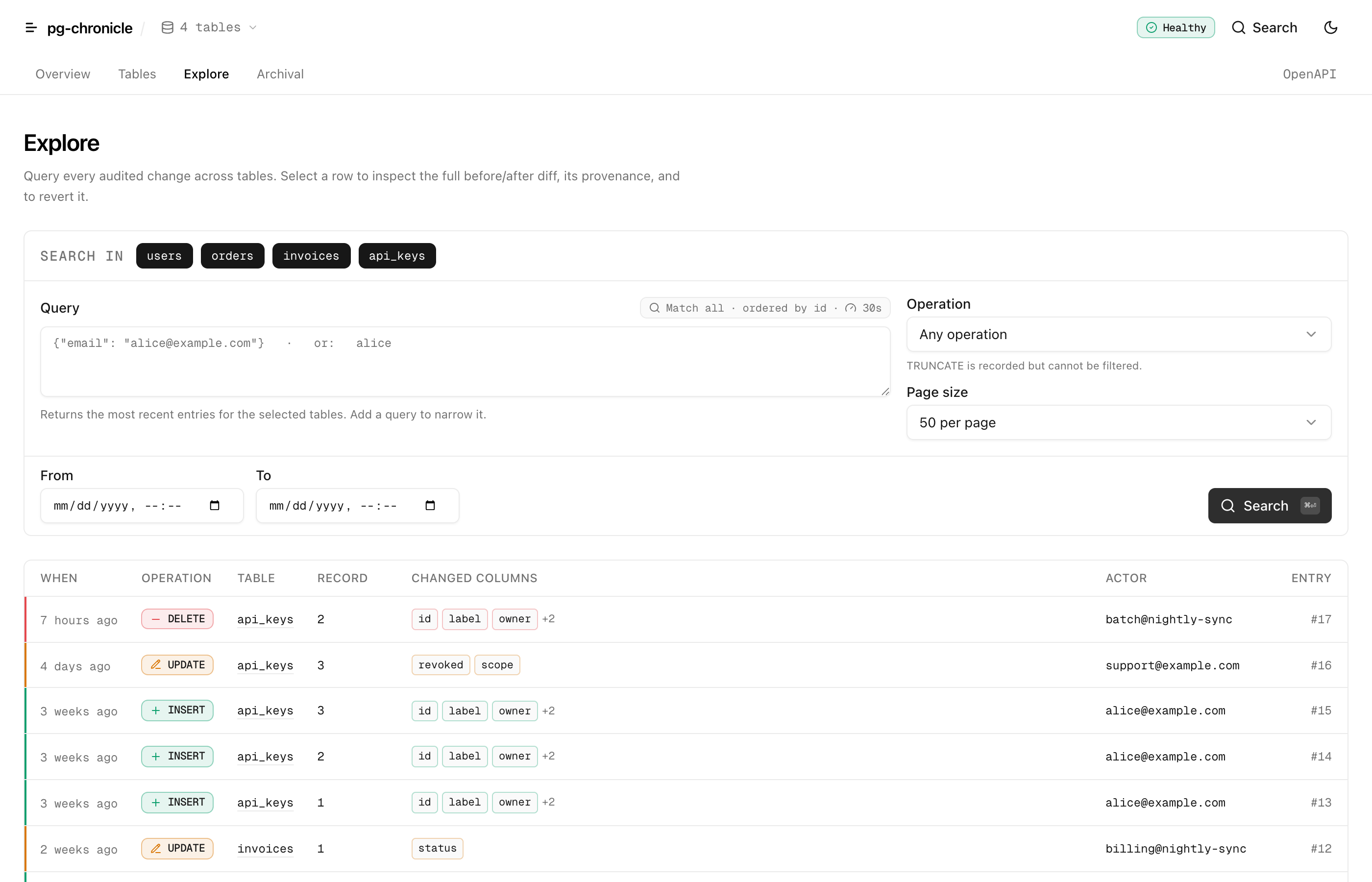The Explore screen: a JSONB containment query across four audited tables, with operation and date-range filters and a result row per change.