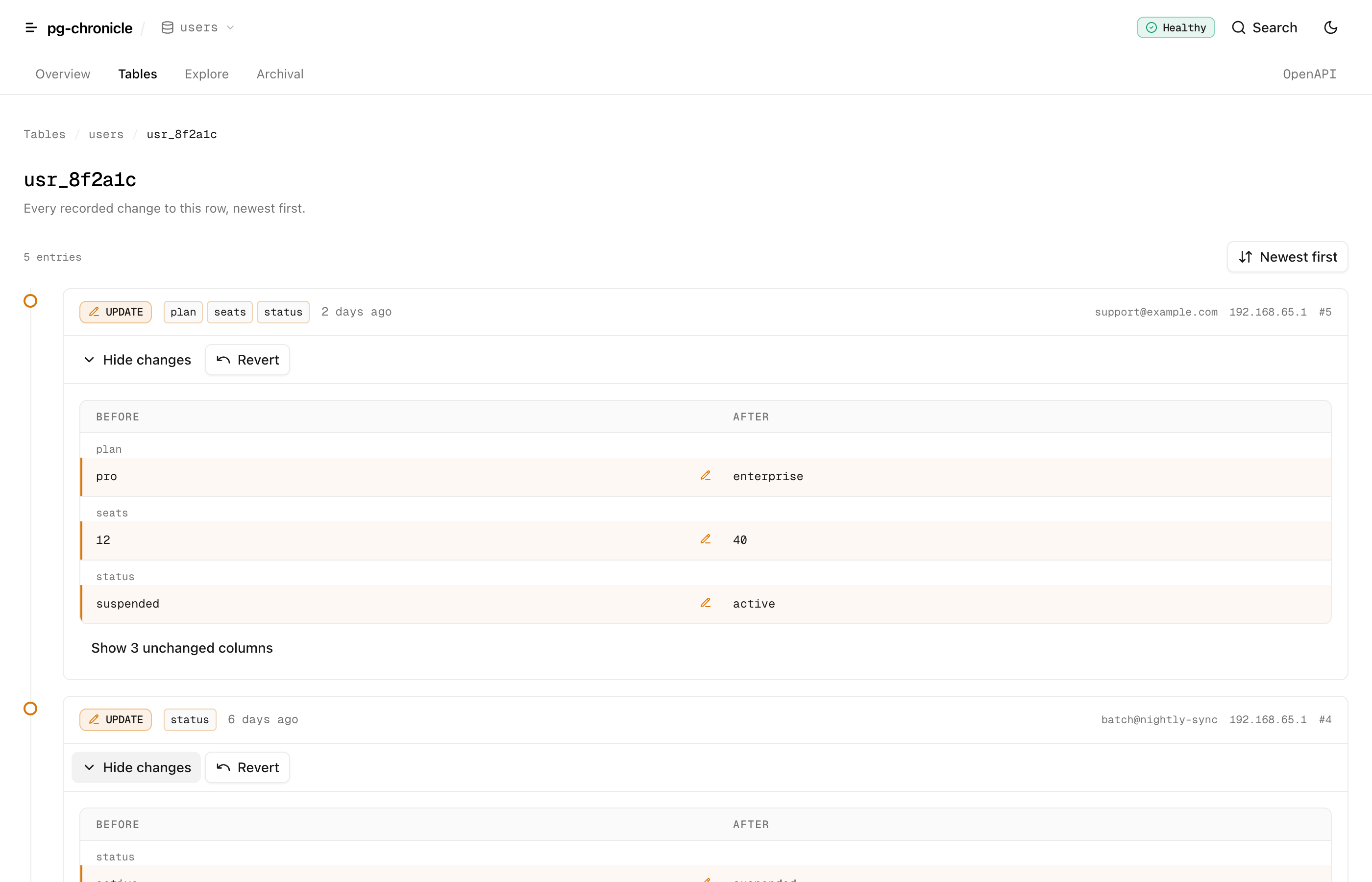The pg-chronicle dashboard showing one row's full change timeline: each entry's before/after diff, the actor and IP behind it, and a revert button.