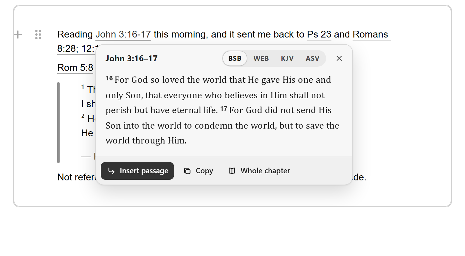 The passage popover over a reference in a Crepe editor