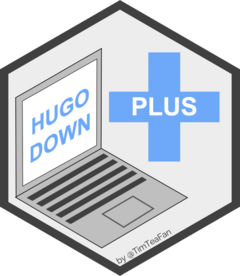 hugodownplus' logo a notebook computer showing 'hugo down' on the screen and next to it a plus symbol containing the word 'plus'