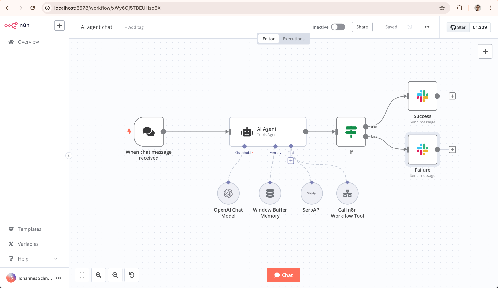 Example AI agent workflow built with n8n