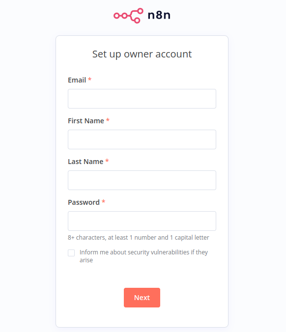 n8n owner account setup screen