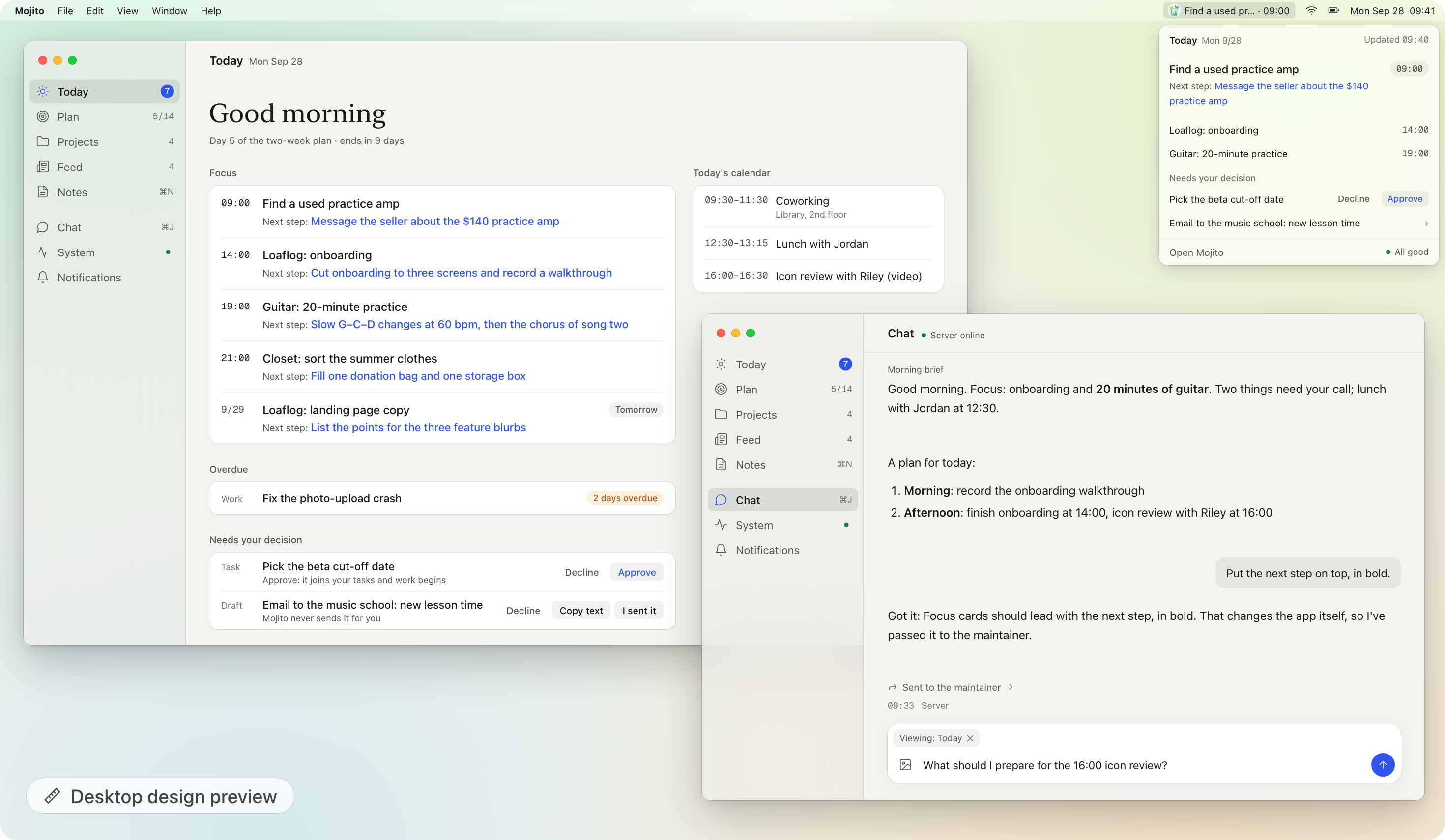 Design preview: a whole Mac desktop, with the Today window behind, the Chat window in front and the menu-bar panel open.